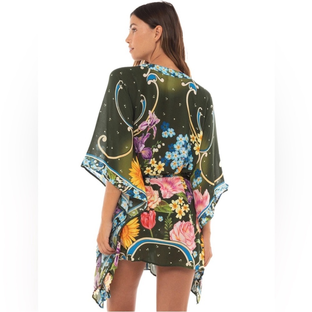 Agua Bendita Floral Bikini Coverup Kimono in Olive Green & Multi - Picture 3 of 4